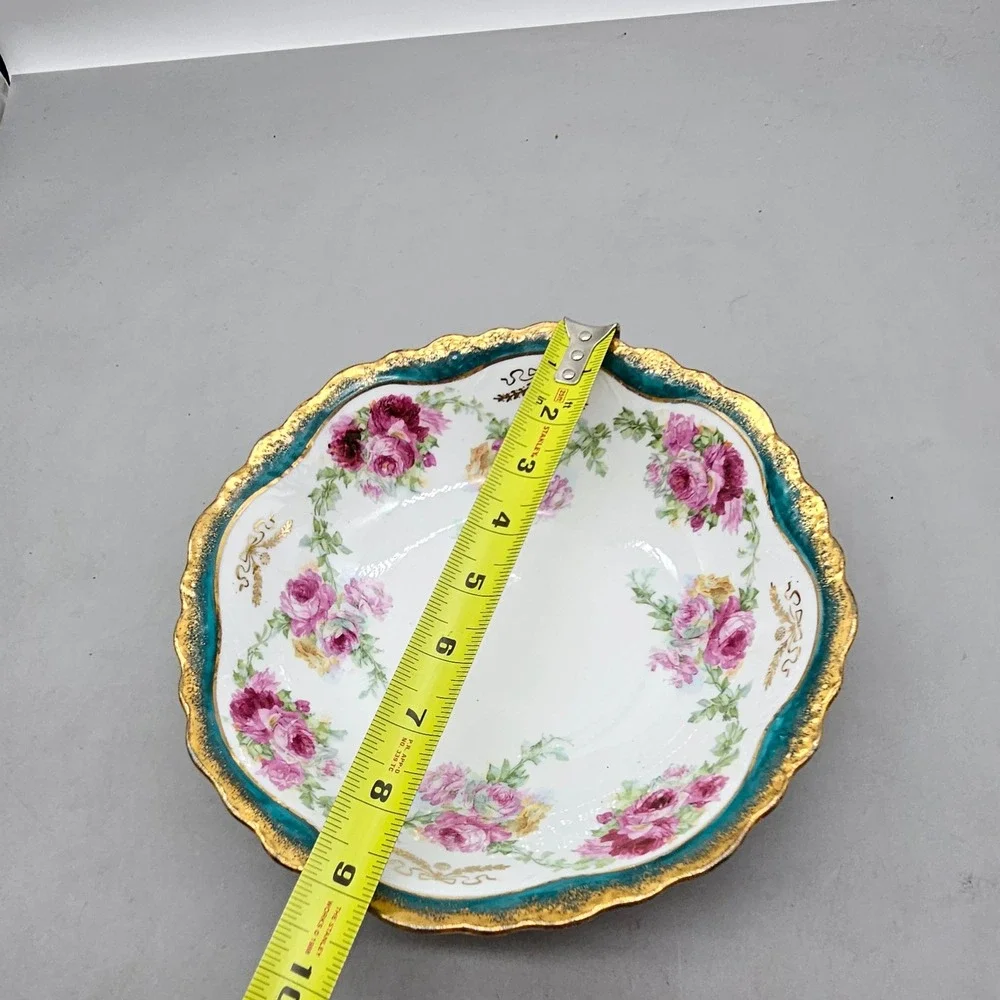 Vintage Porcelain Floral Serving Bowl Pink Roses Teal Gold Gilt Scalloped 9.25